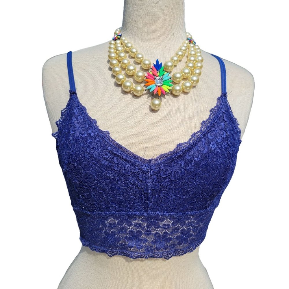 Bralette Lace Floral Spaghetti Straps V Neck Two Blue Red Womans Size Medium